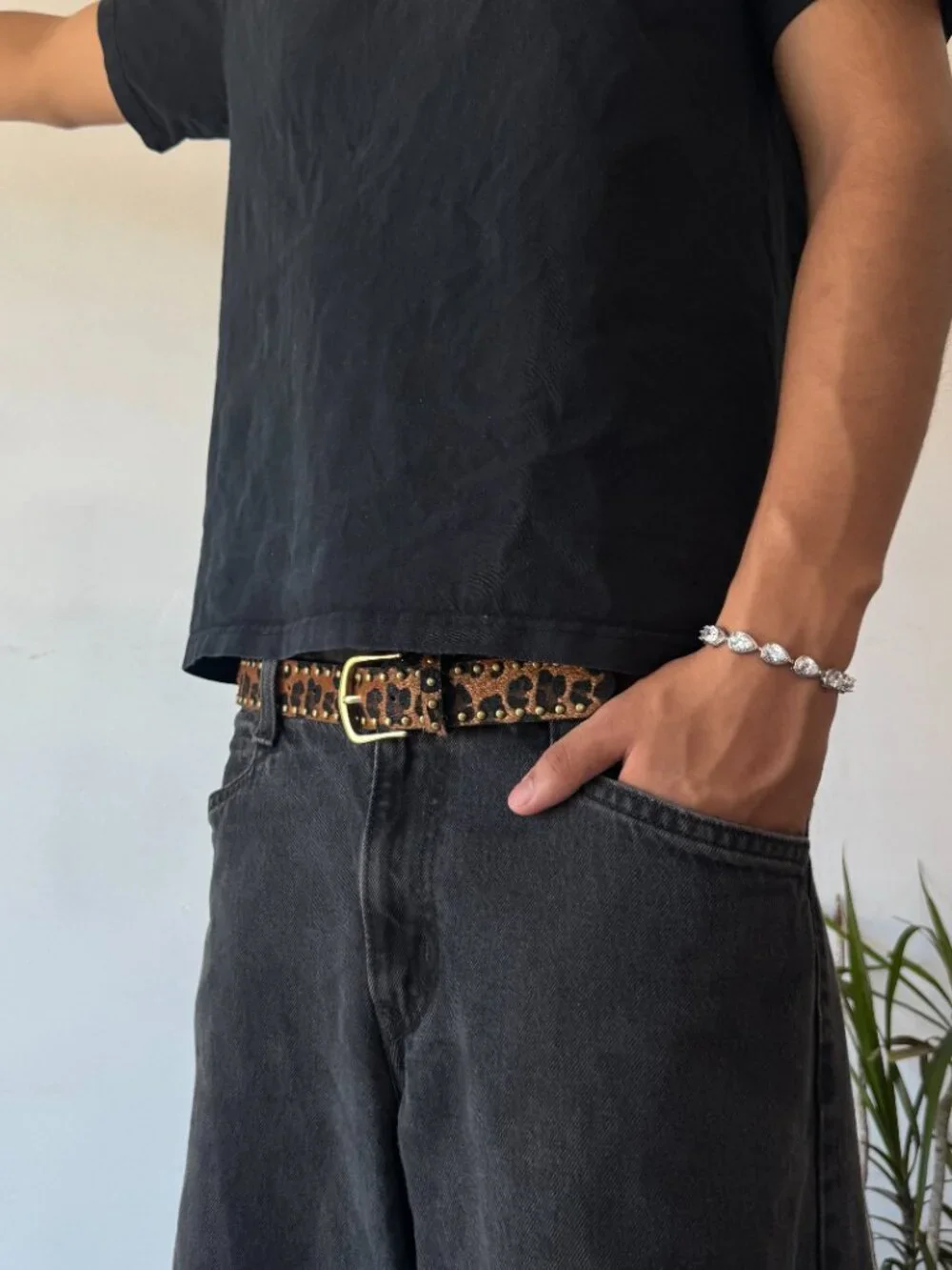 Brown Leopard Studded Brass Buckle Belt